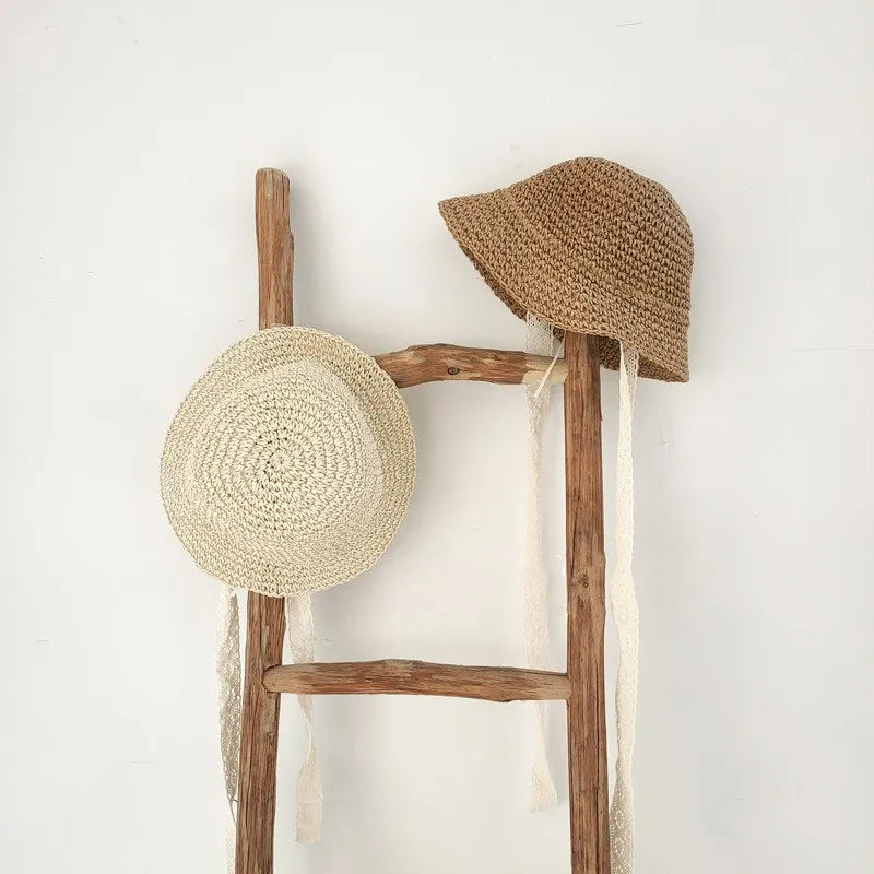 Fashion Baby Petal Brim Straw Woven Hat Sun Protection Lace Cap Kids Girls Princess Collapsible Beach Cute Infant Bucket Hats