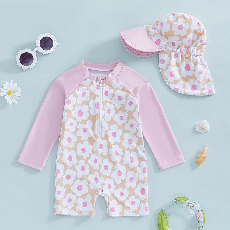 Tregren Toddler Girl Long Sleeve Swimsuit Floral/Flamingo Print Half Zipper Rash Guard Swimwear with Sun Hat Infant Beachwear