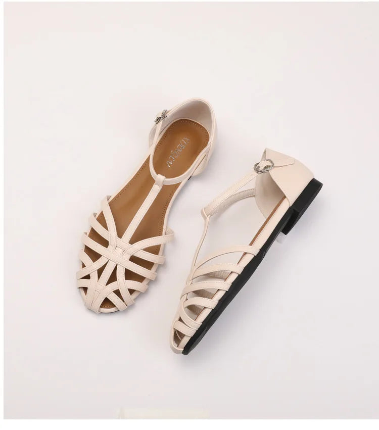 ZAROY Women's Sandals Summer Casual Footwear T-tied Cross Strap Flat Sandals Weave Hollow Roman Sandalia Zapatos сандали