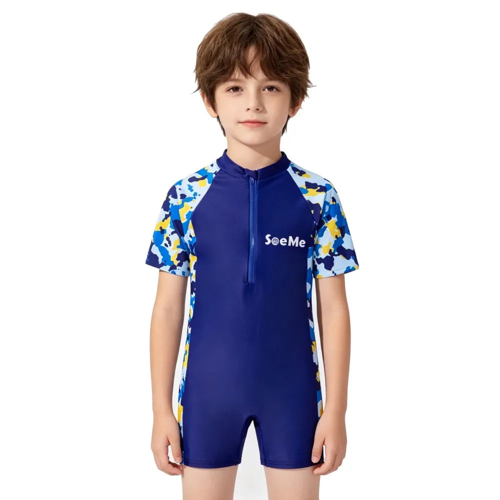 Girls Pink Sporty Striped One Piece Swimwear Summer Short Sleeve Zipper Rash Guard Kids Quick Dry Bathing Suit for Beach