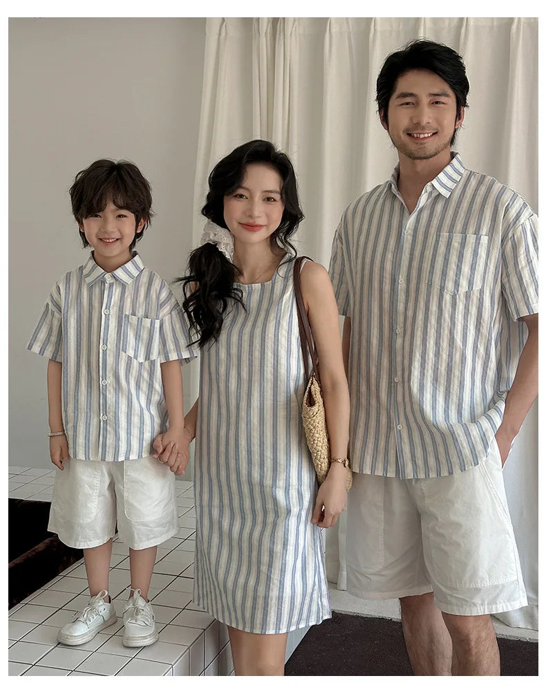 Korea Style Family Matching Outfit Striped Print Short Sleeve T-shirt+Shorts Tank Dress Parent-child Clothing Beach Holiday Look