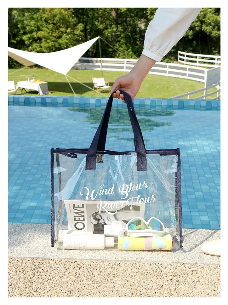 Foldable Clear Waterproof Swimming Bag Large Capacity Portable Beach Tote Handbag for Travel Clothes Toiletries Storage
