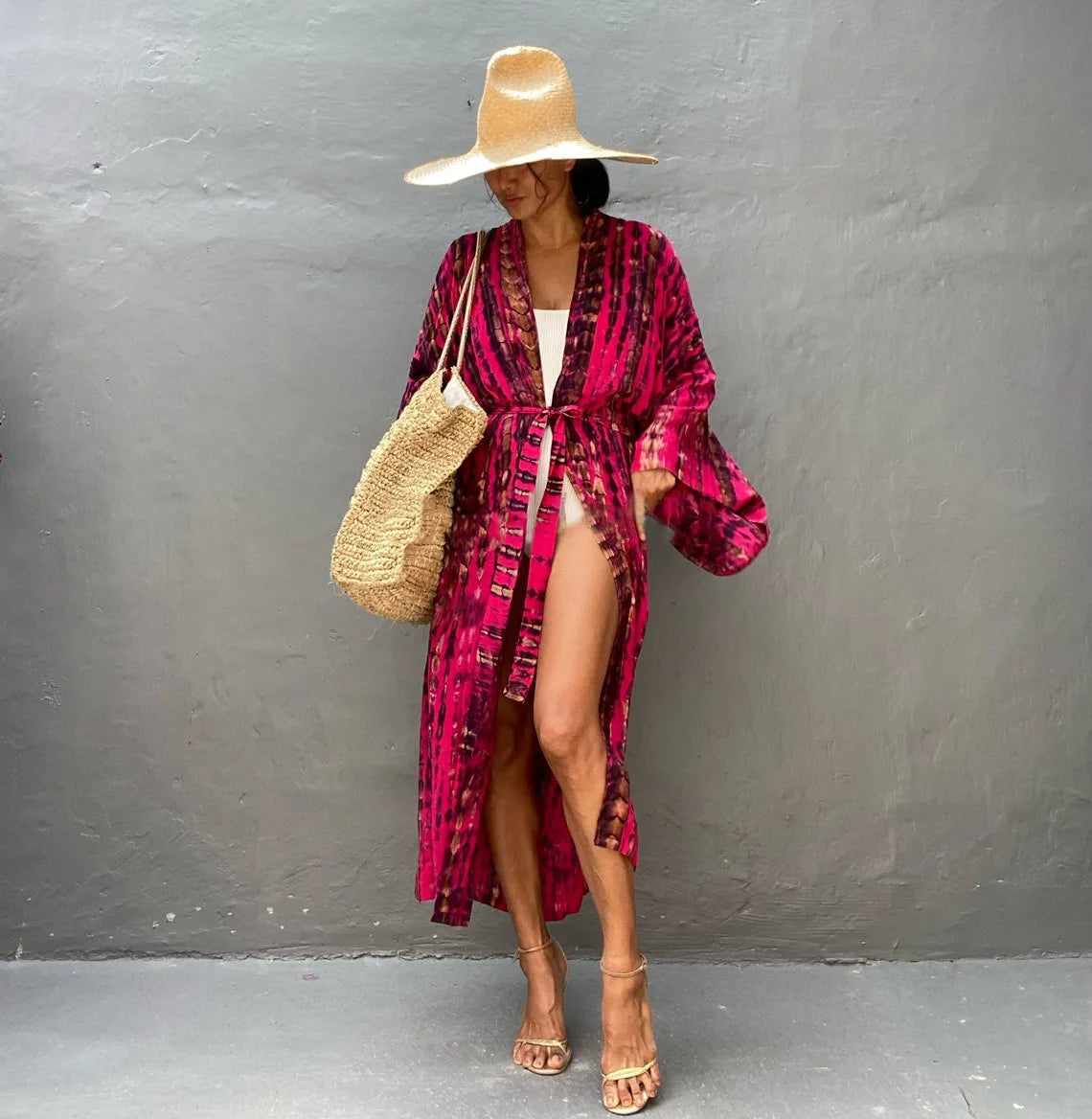 Women's Boho Stripe Tie Dye Swimsuit Cover Up with Belt Tunic Sarong Cardigan Dress Bikini Cover-ups Beach Wear Kimono