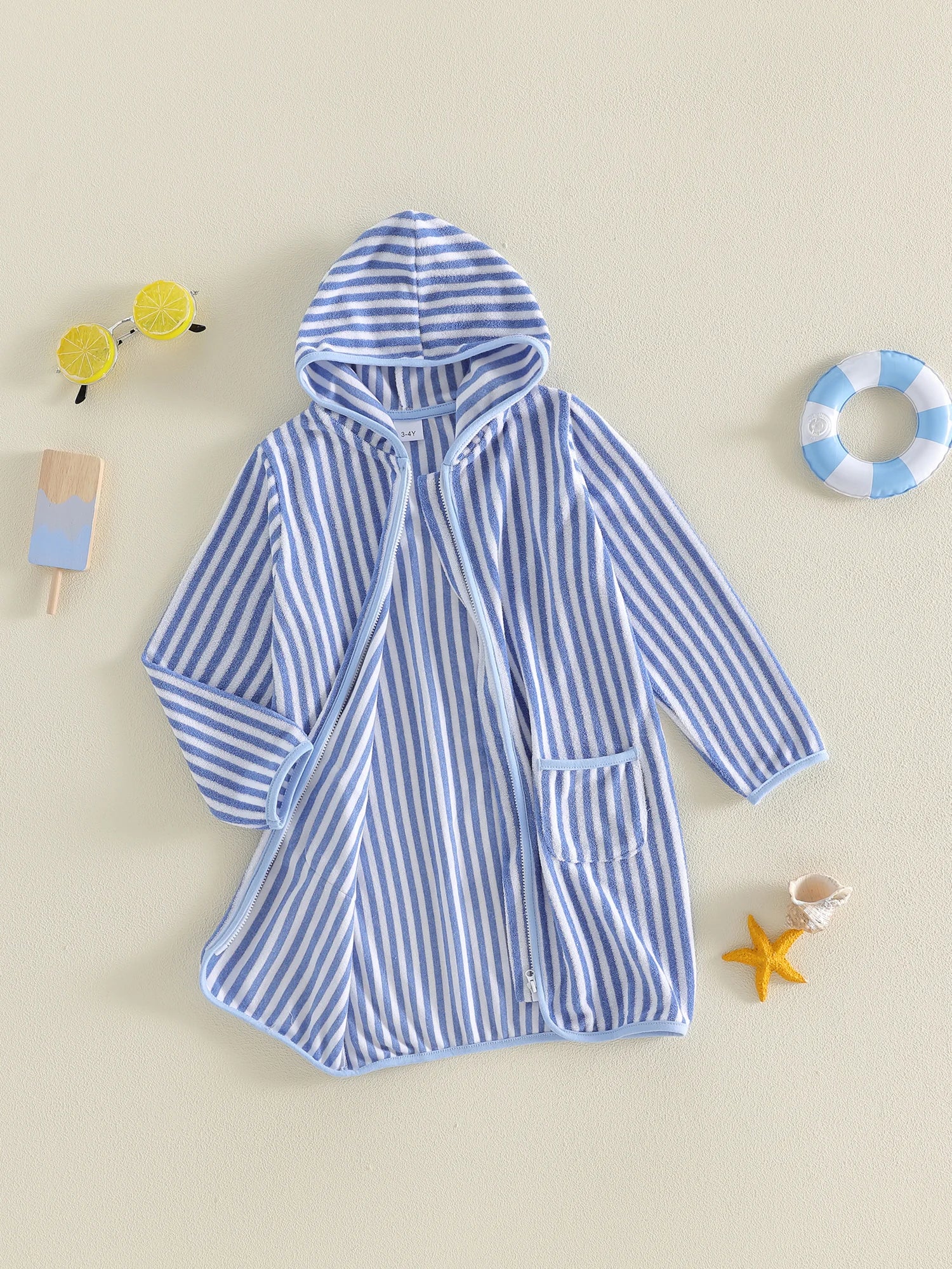 1-6Y Kids Bath Robes Towel Long Sleeve Front Zipper Striped Surf Poncho Swimming Outerwear for Boys Girls Beach Cover-ups