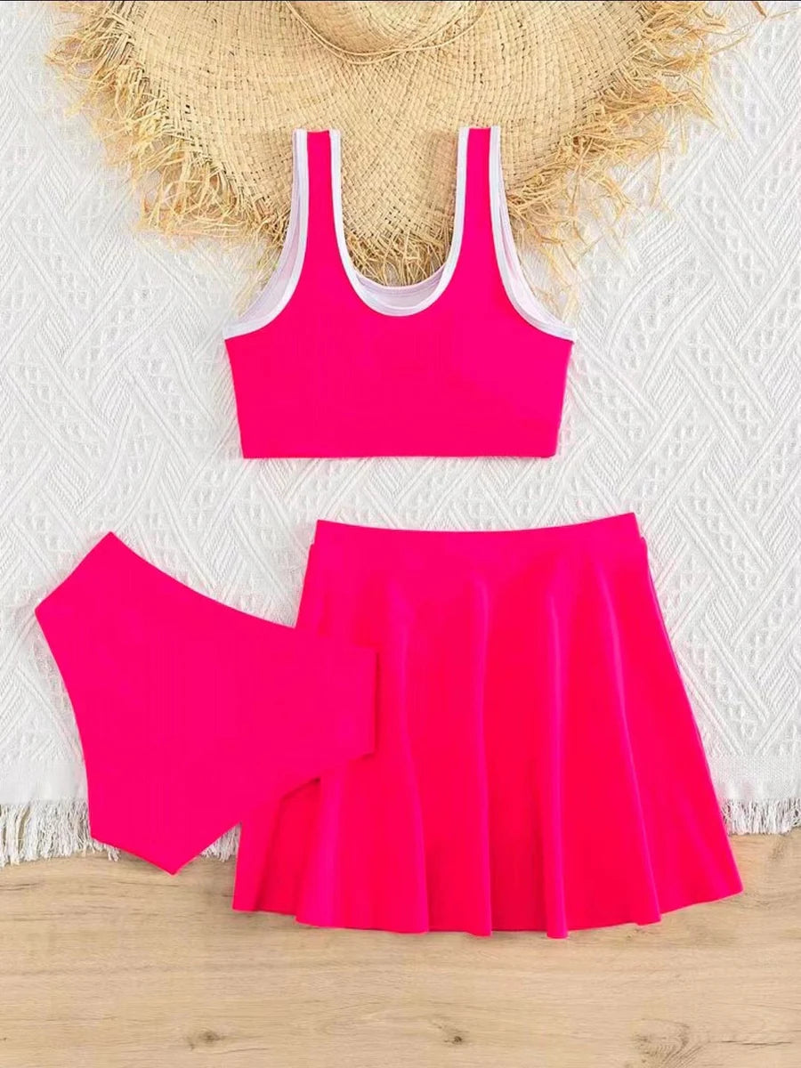3 Pieces Bikinis With Skirt 2026 Girls Swimsuit Red Kids Swimwear Female Children's Bathers Bathing Swimming Swim Suit Beachwear