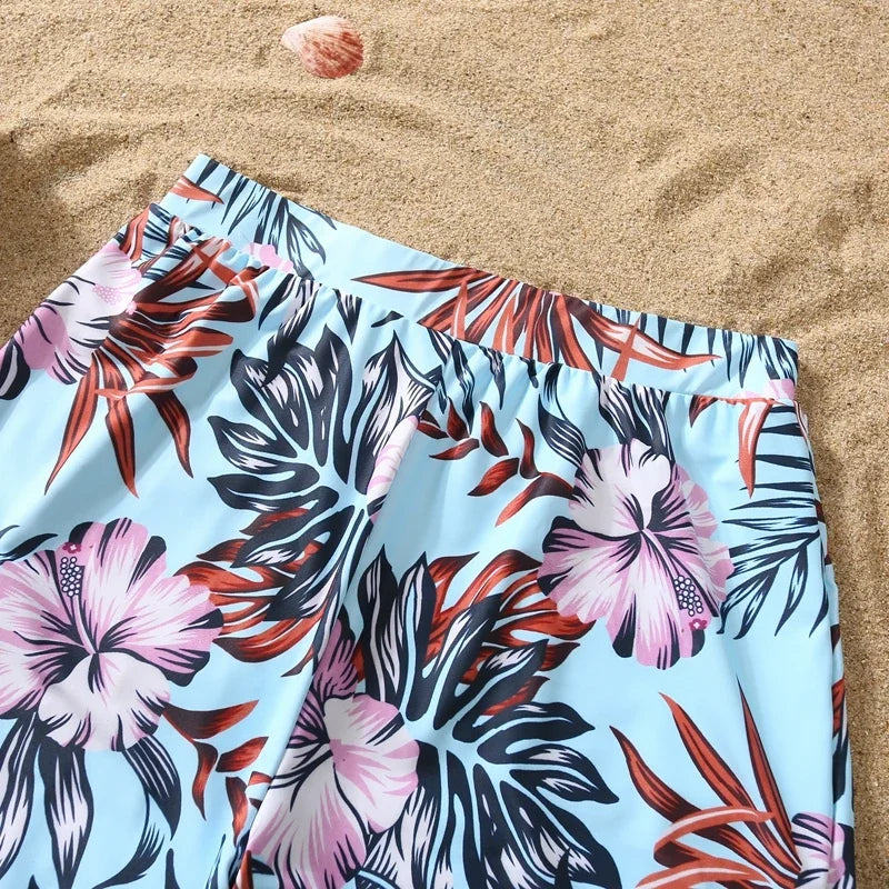 2024 New Mom Daughter Swimwear Floral Pattern Ruffle One-Piece Swimsuit Dad Son Swim Shorts Family Matching Outfits Beach Wear