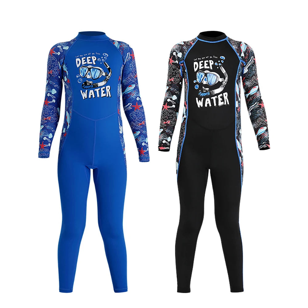 Girl Boy Swimwear Zipper One Piece Suit Kids Sunscreen Quick Drying Long Swimsuit Beachwear Bathing Suit(Including Swimming Cap)
