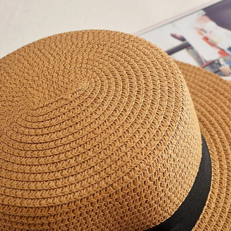 COKPanama Simple Summer Beach Sun Protection Bowknot French-style Small Hat Women's Casual Flat-Brimmed Straw Hat with Bow，Women