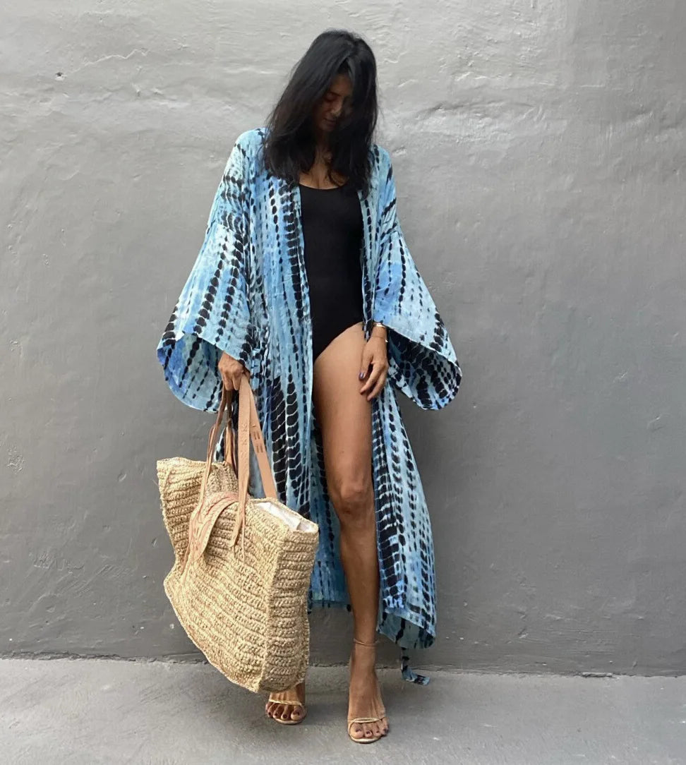 Women's Boho Stripe Tie Dye Swimsuit Cover Up with Belt Tunic Sarong Cardigan Dress Bikini Cover-ups Beach Wear Kimono