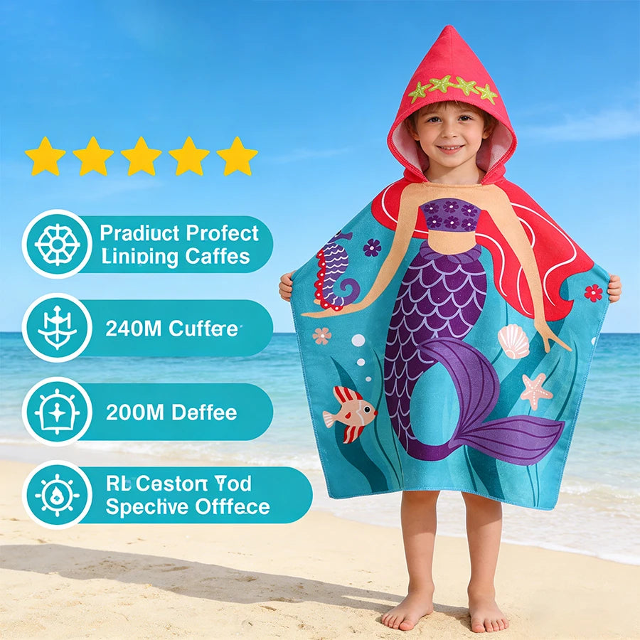 Children's Cartoon Hooded Beach Towel, Baby Bath Cape, Infant Bathrobe, Absorbent and Quick-Drying, Suitable for Bathing, Swimming Pool, Beach Vacations, All Seasons, and a Great Holiday Gift Choice