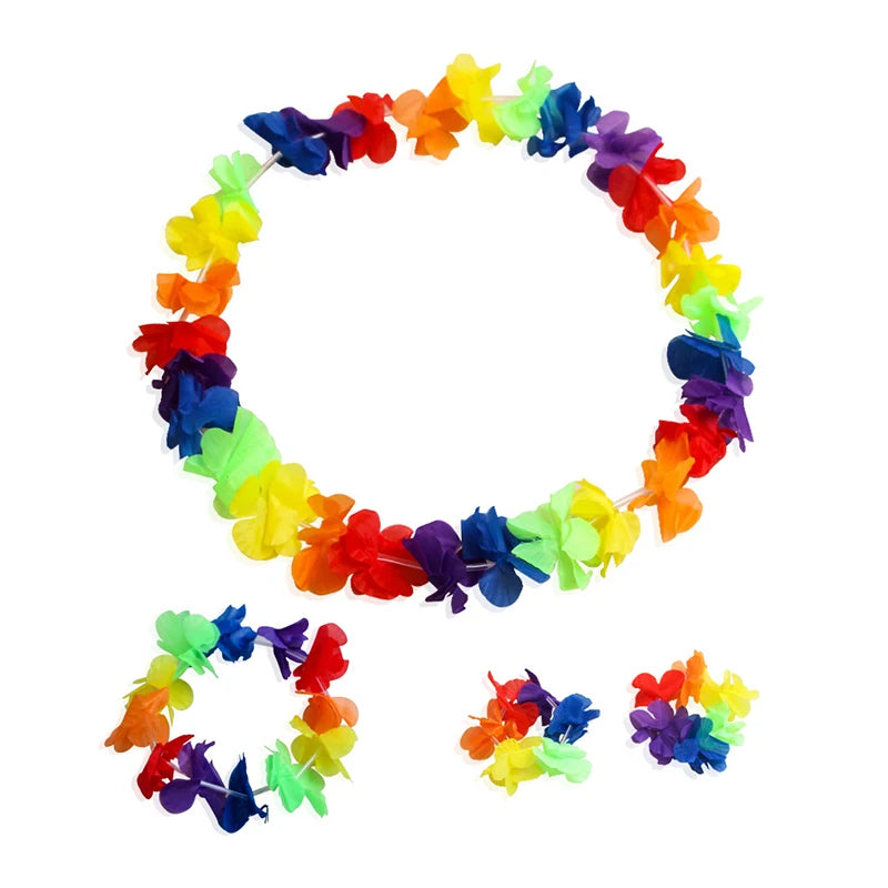 4Pcs/set Hawaiian Artificial Flowers Leis Necklace Garland Headband Wedding Birthday Beach Tropical Party Decoration