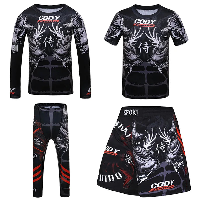 New Kids 4/pcs Sets Rashguard Jiu Jitsu MMA T-shirt+Pant For Children Muay Thai Shorts BJJ Tight Sportsuit MMA Boxing Fightwear