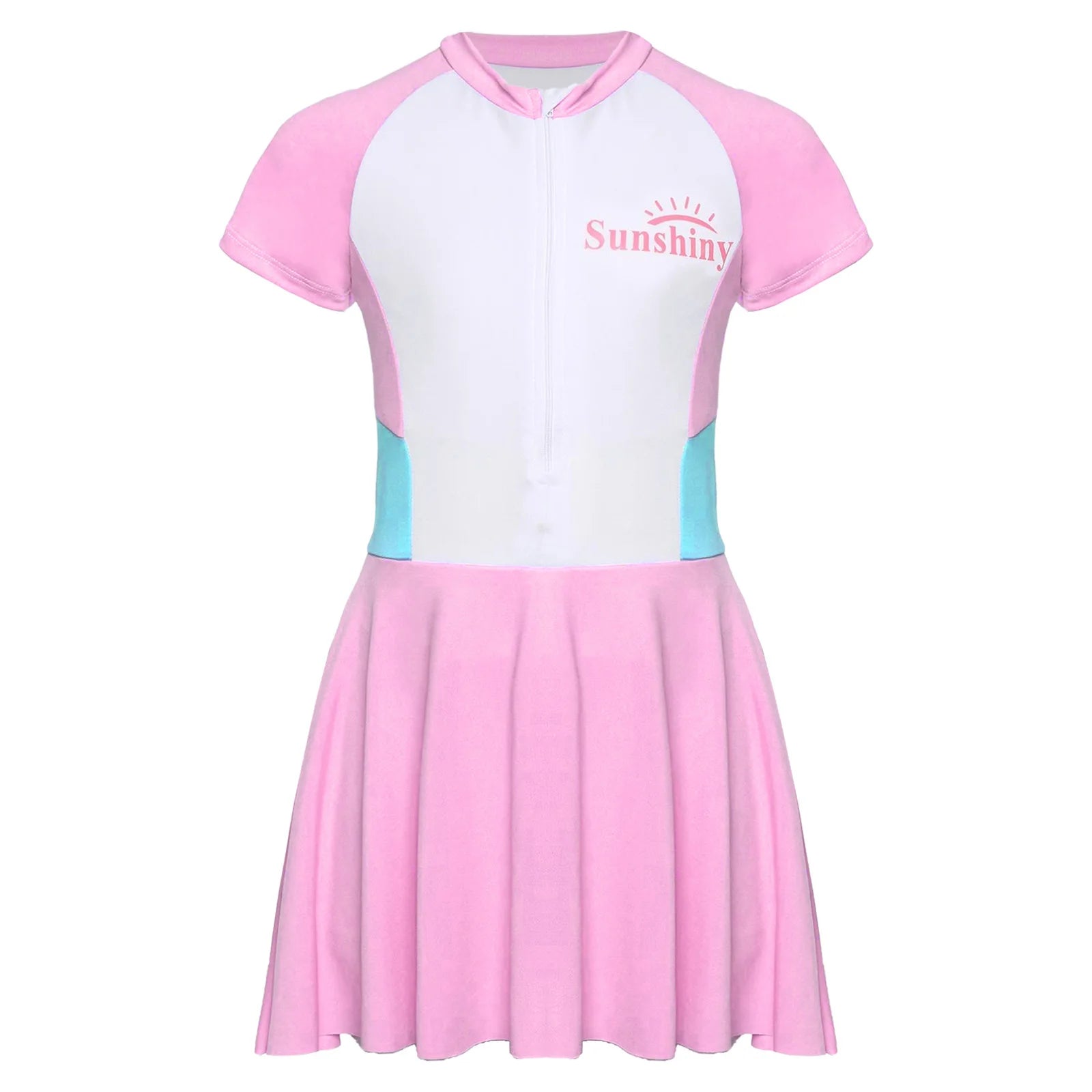 Fashion Girls One Piece Swim Dress Short Sleeve Color Block Swimsuit with Chest Pads Front Zipper And Safety Shorts Beachwear