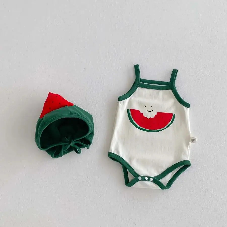 Summer baby cute watermelon style jumpsuit, male and female baby sling thin comfortable jumpsuit hat, suitable for going out