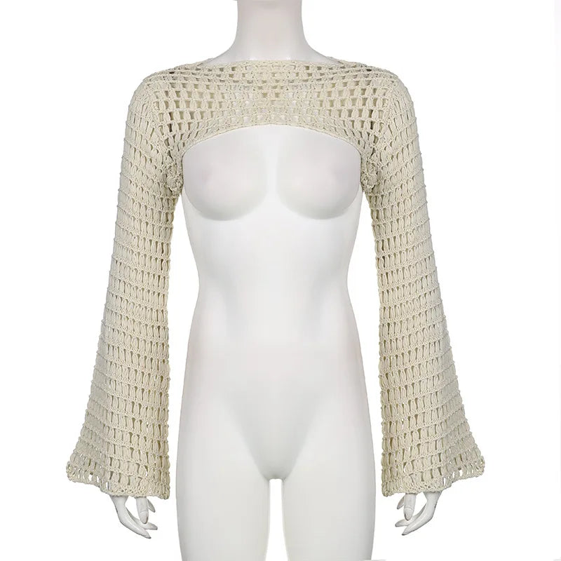 Long Sleeve Crochet Crop Top Summer Knit Hollow Out Mesh Cover Ups 2024 Women‘s Y2k Crochet Tops Pullover Streetwear