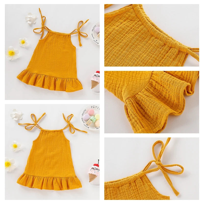 1-5 Years Old Kid Girl Summer Breathable Cotton Slip Dress Adjustable  Solid Color Halter Dress Toddler Girl Holiday Beachwea
