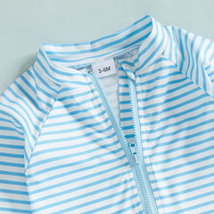 0-3T Toddler Boys Girls Rash Guard Swimsuit with Hat 2 Pcs Set Striped Pattern Zip Up Long Sleeve Crew Neck Baby Swimwears