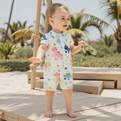 1-4Y Kids Baby Boys Rash Guard Swimsuit Toddler Dinosaur Whale Pattern Zip-up Short Sleeve Crew Neck Swimwear Beachwear