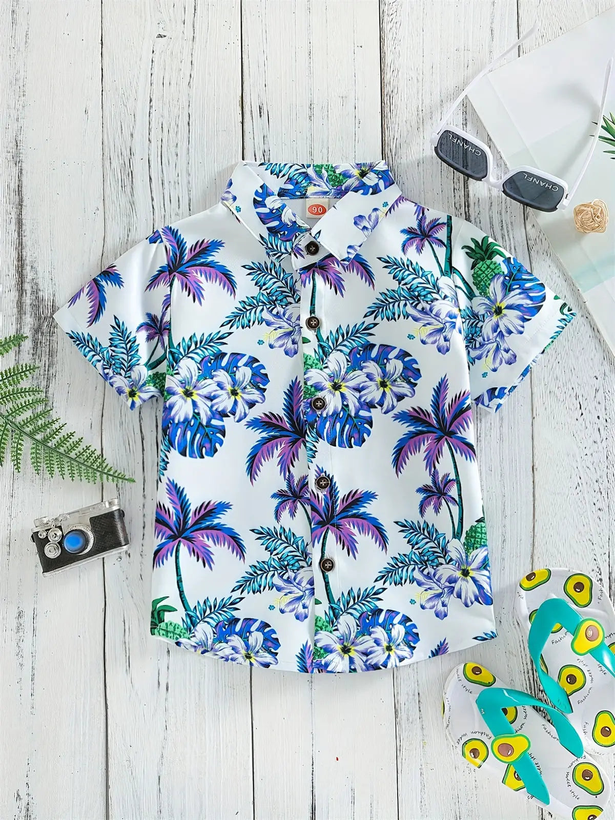 Boys Flowers and Leaves Print Short Sleeves Shirt Hawaiian Style for Vacation Beach Kids Summer Clothes O-Neck Children's Shirt