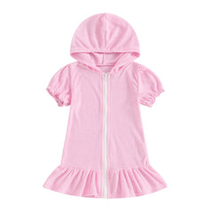 Girls Swimwear Cover-ups Solid Color Short Sleeve Zipper Ruffle Beach Dress Toddler Bathing Suit Kids Bikini Cover Up 1-8Y