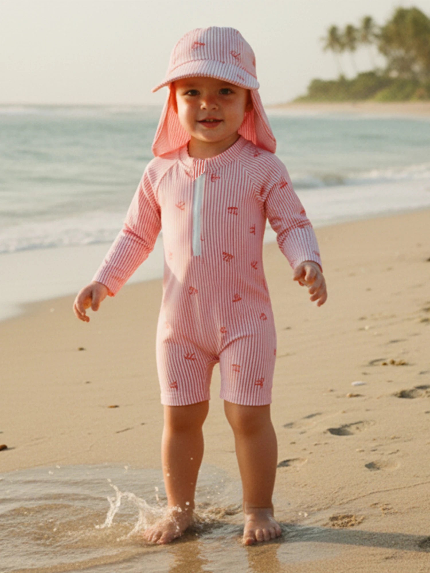 0-24M Newborn Baby Girl Rash Guard Swimsuit Cute Fashionable Striped Bow Printed Long Sleeve Swimwear with Hat