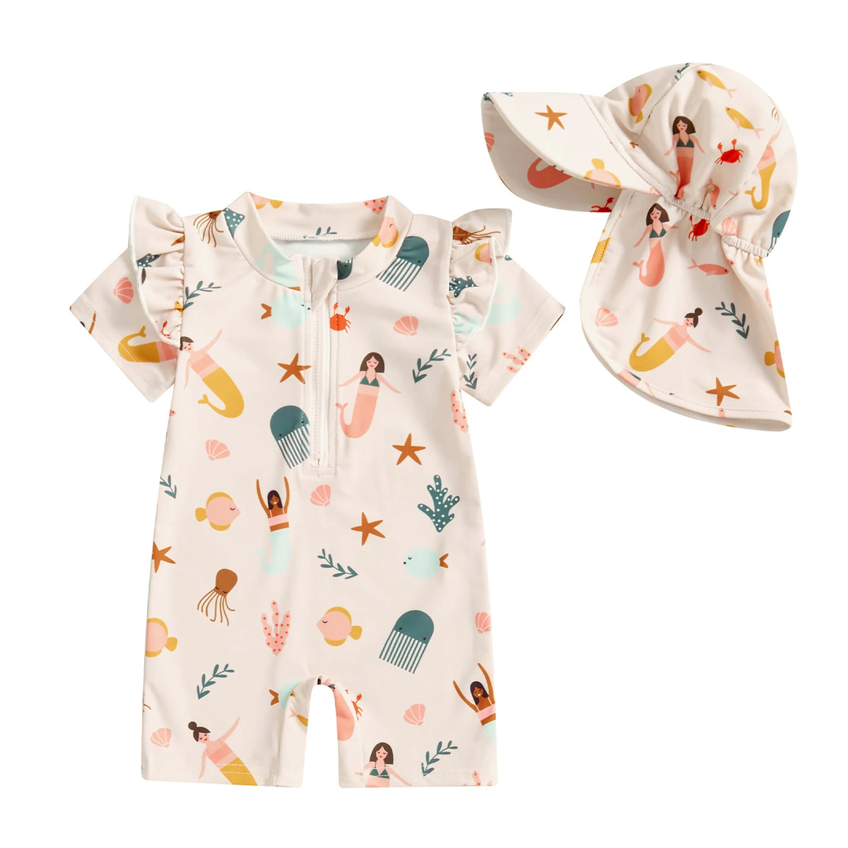 MISOWMNJOY Infant Baby Girl Summer Swimsuit Rash Guard Kids Beachwerar Short Sleeve Mermaid Kids Bathing Suit with Swim Cap