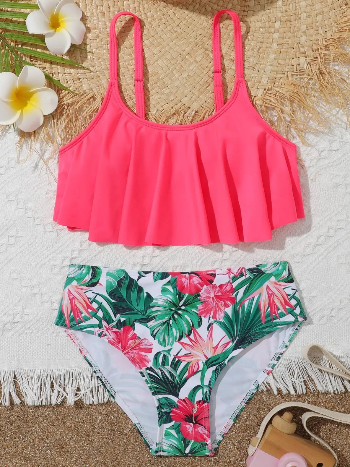 7-12 Years Girls Kids High Waist Ruffle Swimwear Summer Beach Children Swimsuit Print Biquini Teens Bathing Suit Pink Bikini Set
