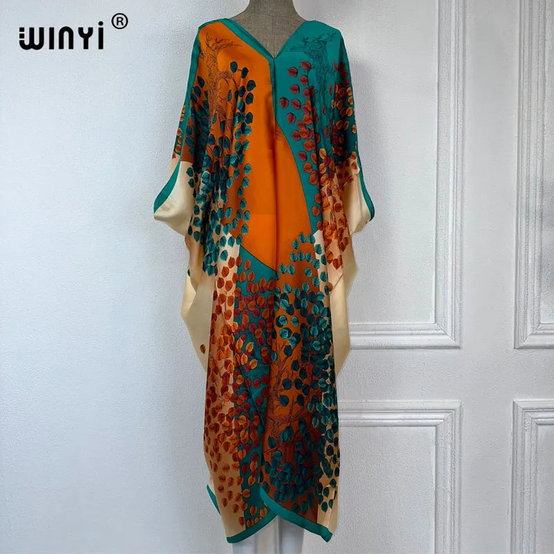 WINYI 2023 V-neck Africa Fashion Women Sexy Boho Casual silk Floral Vintage print Evening Party Beach cover up Long Maxi Dress