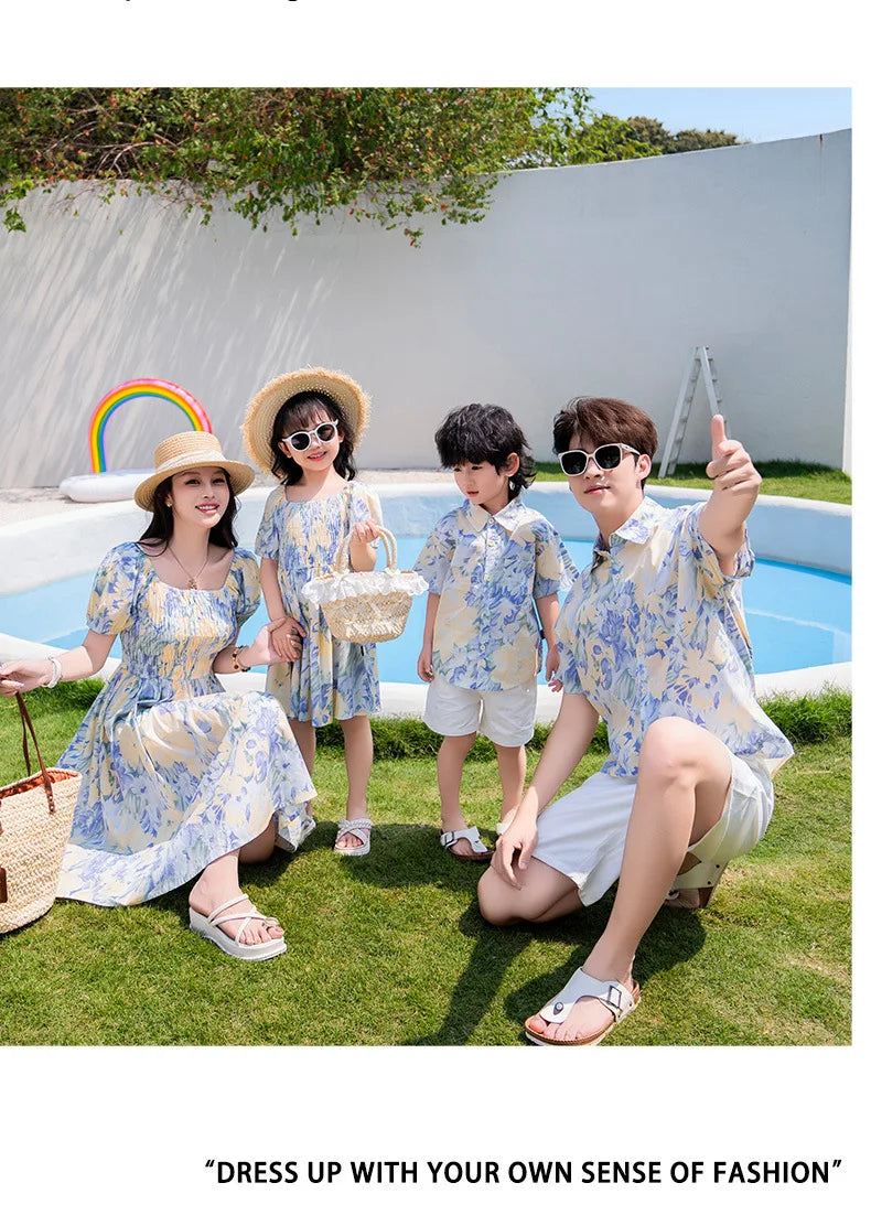 Vacation Couple Family Matching Outfit Dad Son Beach Shirts Mom Daughter Smock Dress Korean Parent-child Sister Brother Clothes