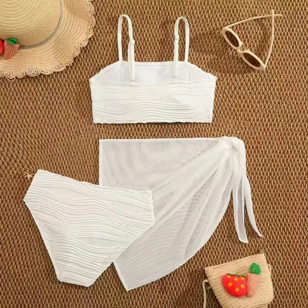 2026 Strappy Girls Swimsuit 3 Pieces Bikini & Skirt Bandeau Kids Swimwear Female Children's Bathers Bathing Swimming Swim Suit