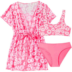 Girls 3 Pcs Swim Cover Up Sets Floral Bikini Crop Top With Brief Kimono Teens Bathing Suit Girls' Swimsuit Cover Up Wrap Scarf