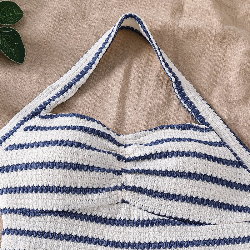 Girls 8-12 Casual 2-Piece Set, Navy Blue White Striped Halter Crop Top & Matching Elastic Waist Shorts, Beachy for Daily Summer