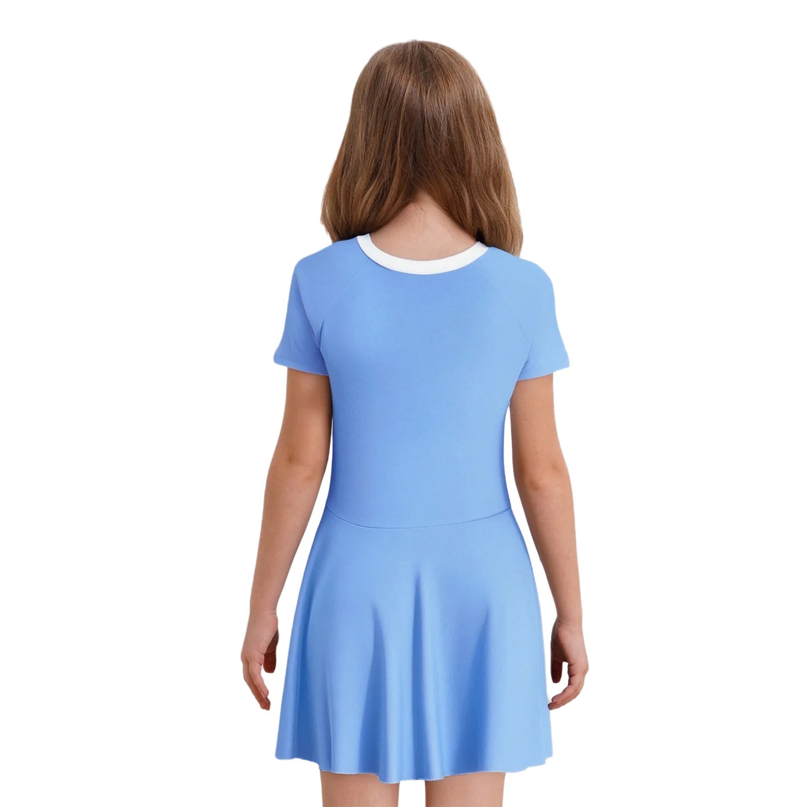Fashion Girls One Piece Swim Dress Short Sleeve Color Block Swimsuit with Chest Pads Front Zipper And Safety Shorts Beachwear