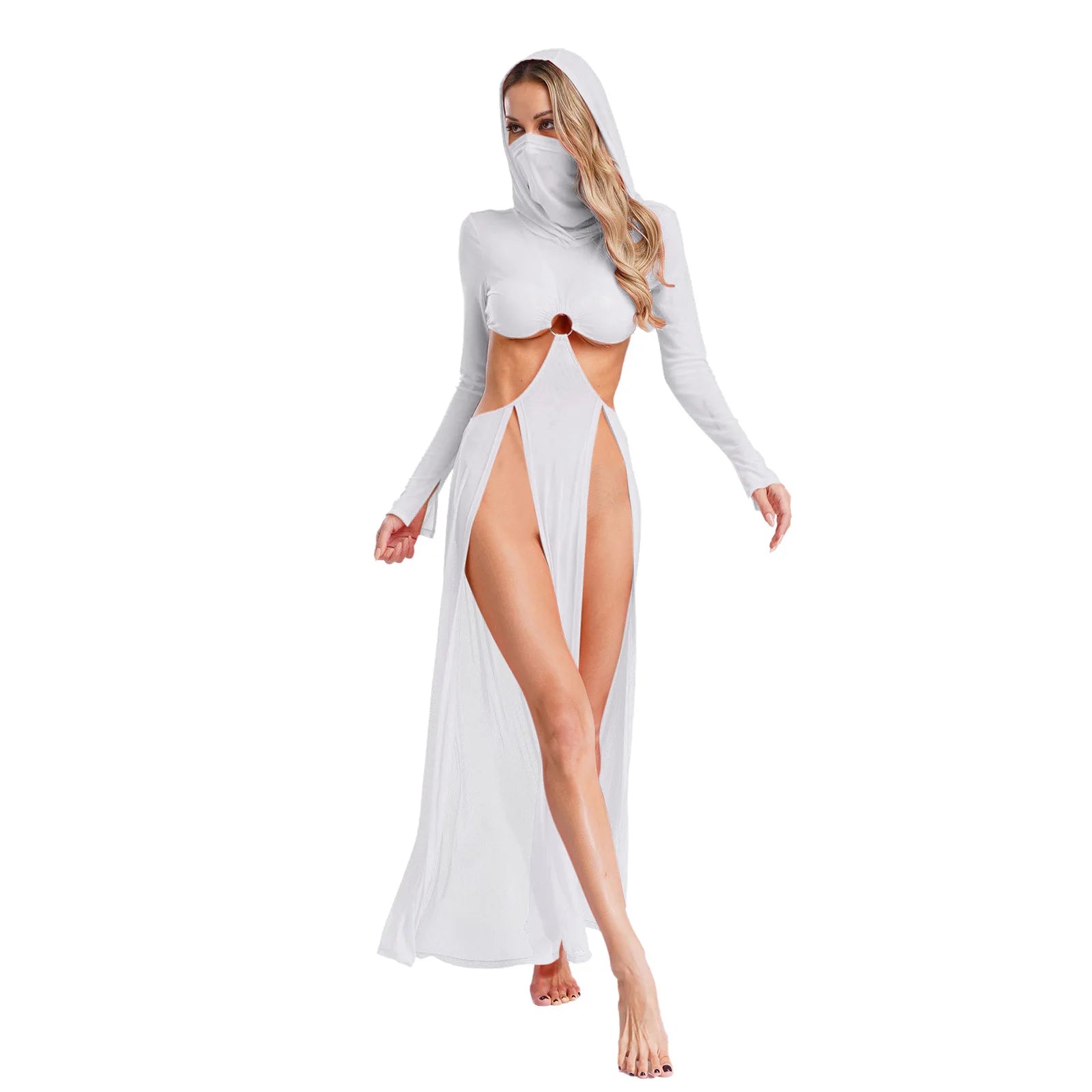 Women Sheer Dress with Hooded Face Mask Maxi High Slit Sexy Mesh Dress Long Sleeves Hollow Out Sheer Dress Cover Up Swimwear