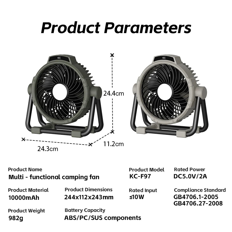 Portable 6 in 1 Outdoor Camping Fan 10000mAh Rechargeable Wireless Tent Ceiling Fan 5 Speed Adjustment Remote Control LED Light