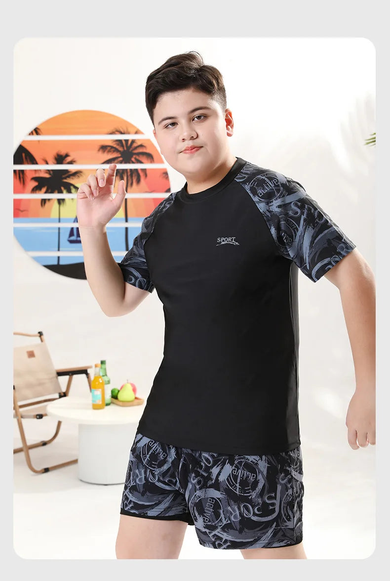 Children's Swimwear with Cap, Split Body, Short Sleeve, Two Piece Swimsuit for Men, Teenagers, Boys, New, Hot Spring Set, 2024