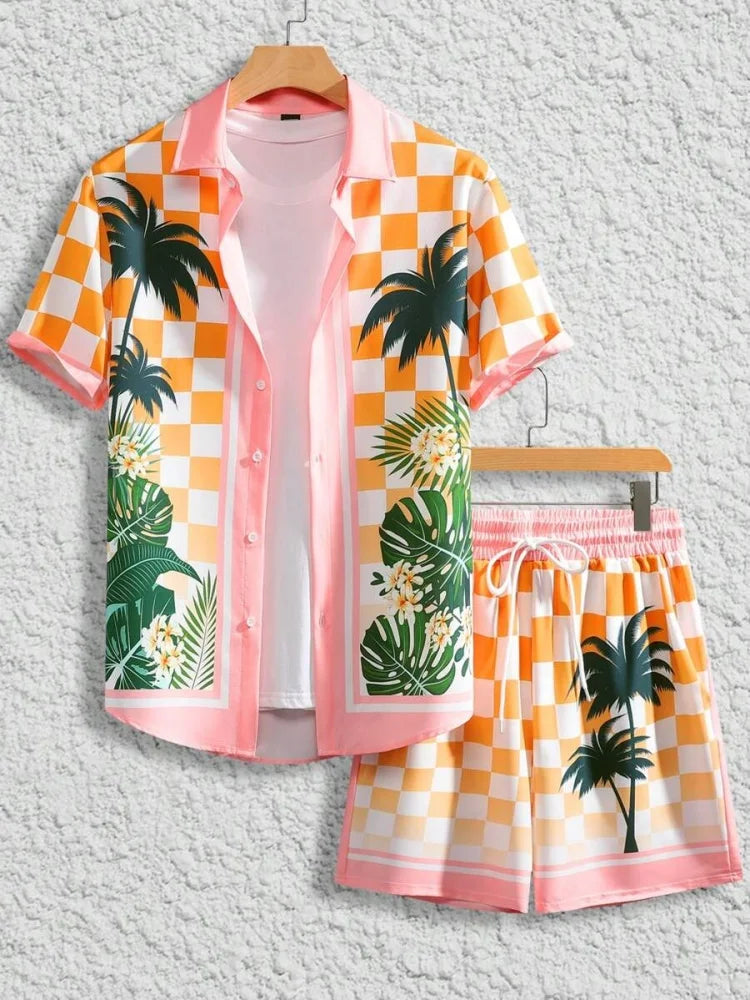 Men's Short-sleeved Shirt Set Blue Ocean Palm Tree Print Hawaiian Seaside Vacation Style Shirt Set