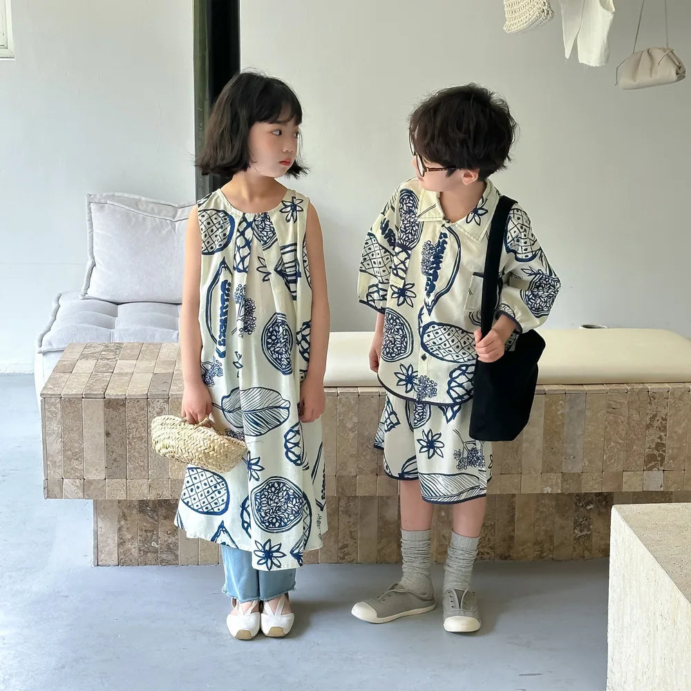 22386-1 Brother Sister Clothes  Boy's Summer Suit Girl's Dress Or Casual Short-sleeved Shirt+Shorts Two-piece Suit