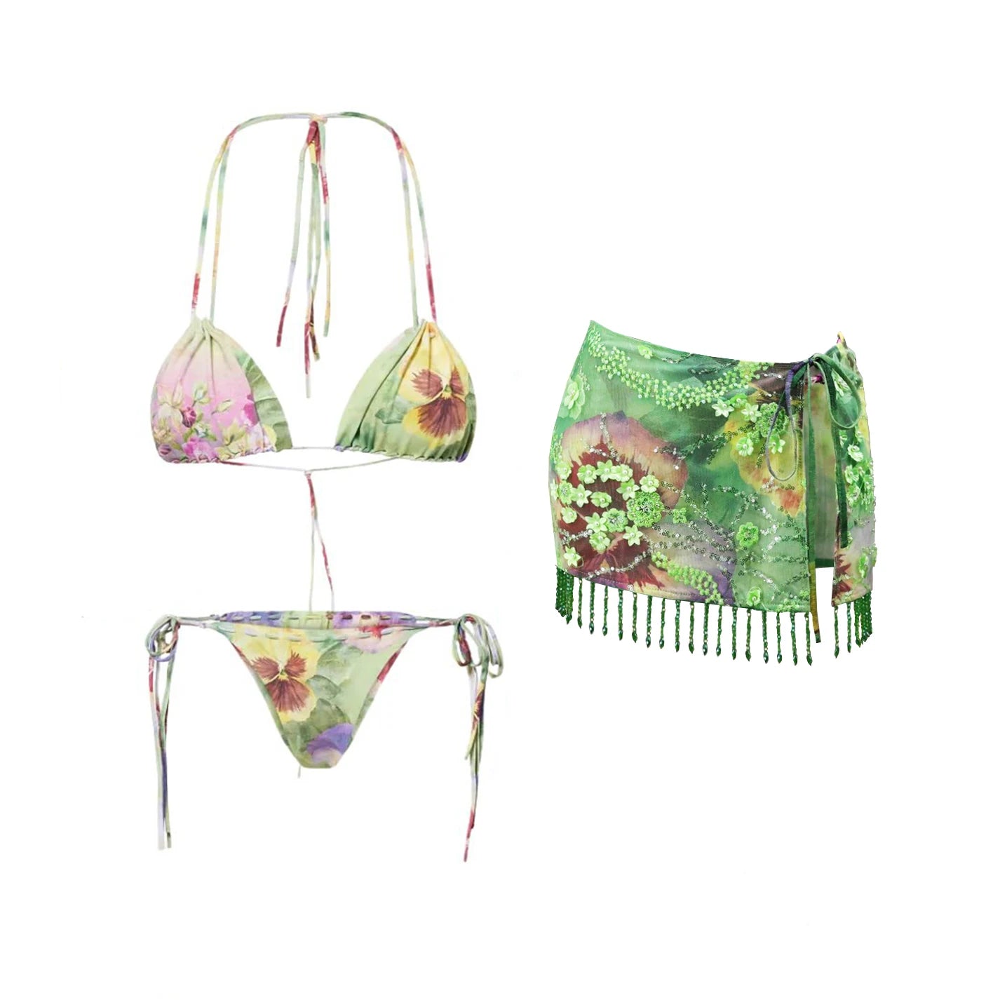 3Pcs Floral Bikini With Diamond Skirt Women Sexy Swimsuit Push Up Swimwear 2025 Bandeau Biquini Female Bathing Suit Beach Outfit