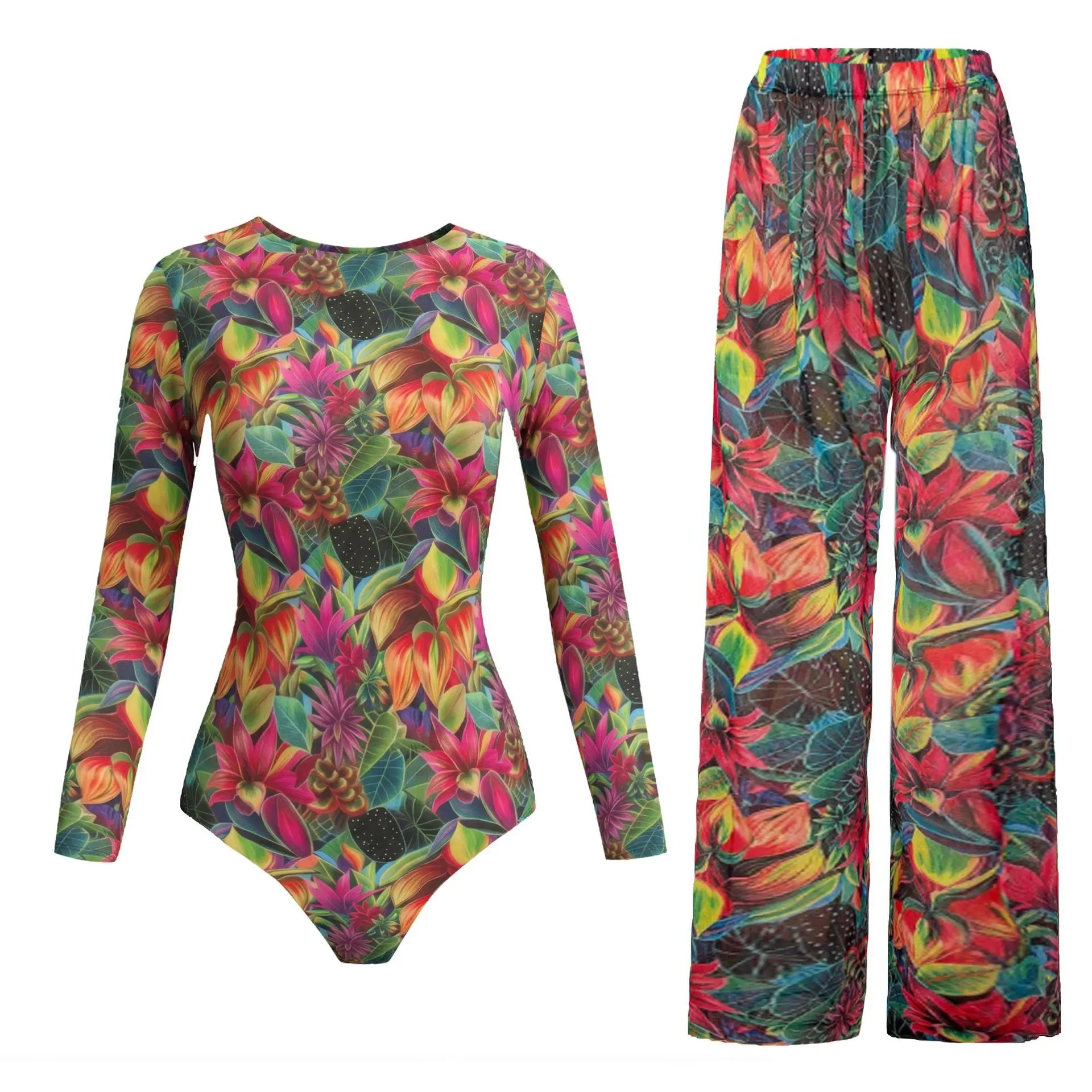 Women's Long Sleeve Swimwear Sunscreen One Piece Swimsuit High Elastic Thickened Mesh Loose Pants SPF35+ New Fitness Beachwear