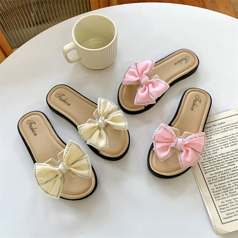 2026 New Bow Flats Open Toe Slide Sandals Non-slip Flip Flops Children Home Slippers Kids Girls Summer Cute Beach Slippers Shoe