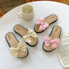 2026 New Bow Flats Open Toe Slide Sandals Non-slip Flip Flops Children Home Slippers Kids Girls Summer Cute Beach Slippers Shoe