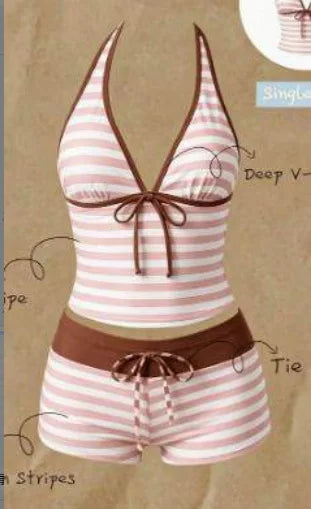 Women Swimwears Polka Dot 2-Piece Tankini Set Halter V Neck Front Tie Cami Top & Contrast Waistband Drawstring Swim Shorts