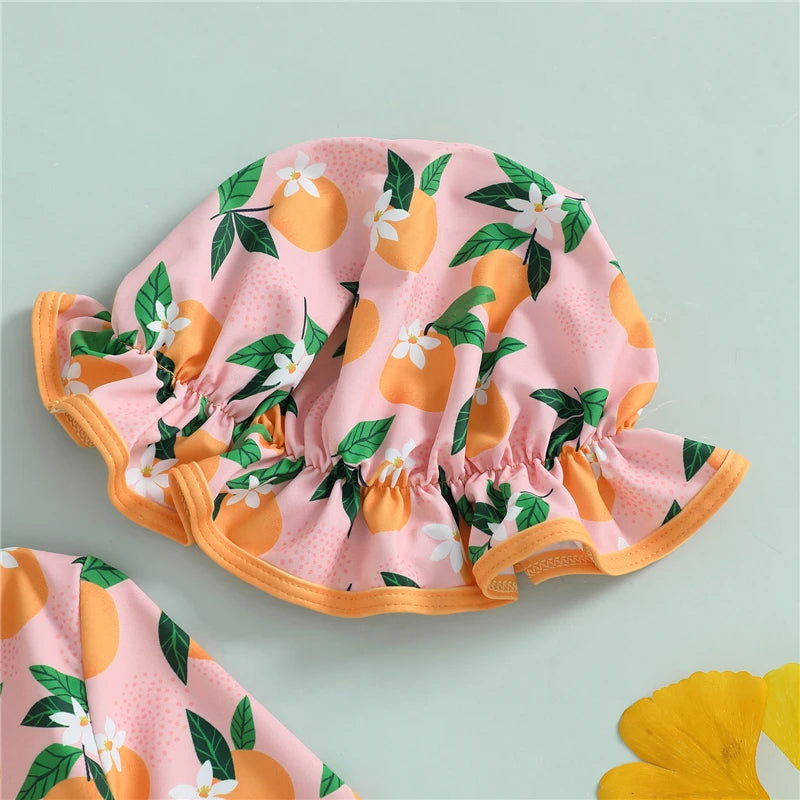 Infant Toddler Newborn Baby Girl Swimsuits Flower Fruit Print Ruffles Rash Guard Swimwear and Swim Cap for Toddler Bathing Suits