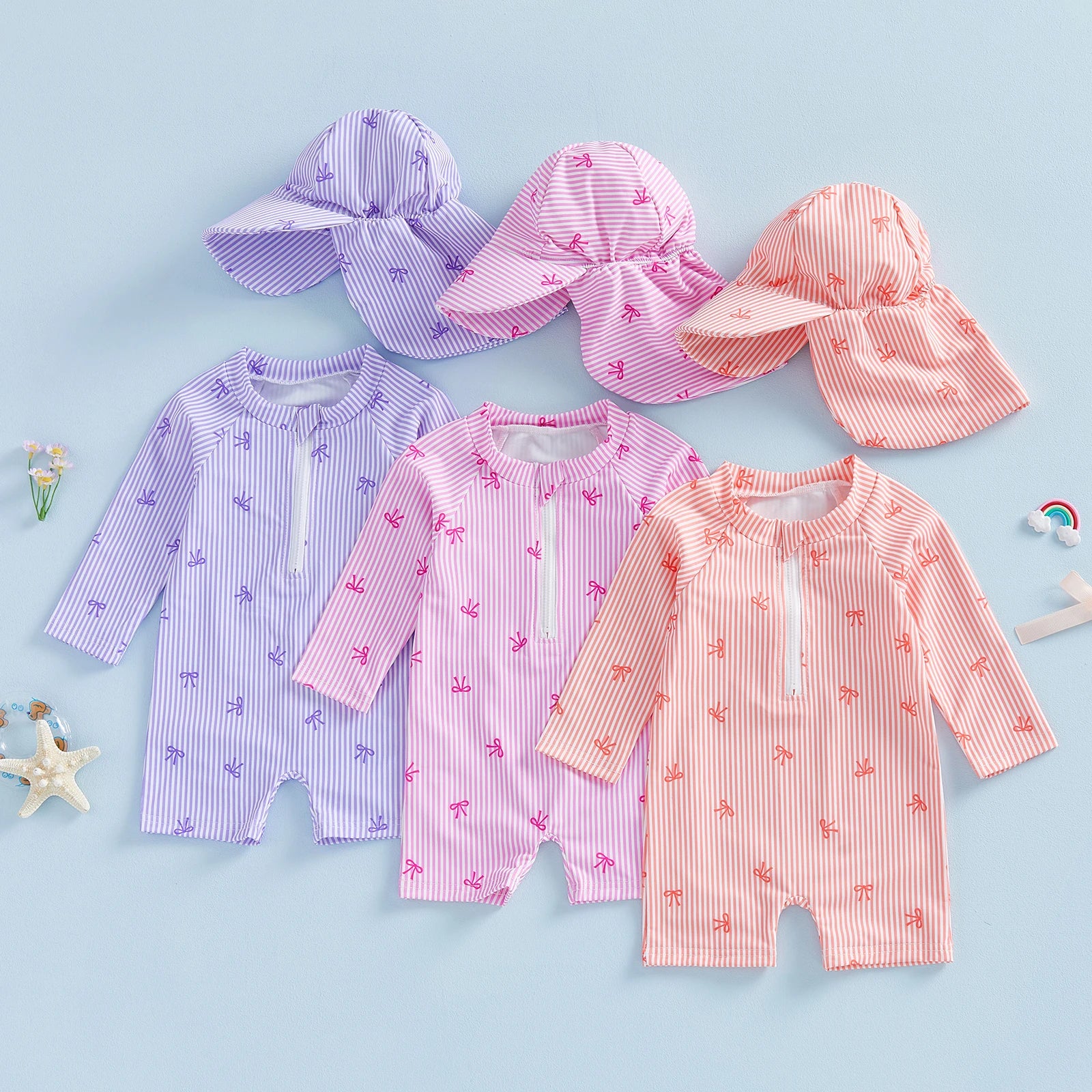 0-24M Newborn Baby Girl Rash Guard Swimsuit Cute Fashionable Striped Bow Printed Long Sleeve Swimwear with Hat