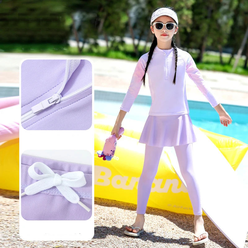Two Piece Long Sleeve Girls Swimwear With Skirt Burkini Swimsuit Kids Children Modest Swimming Suit Sun Protection Beachwear