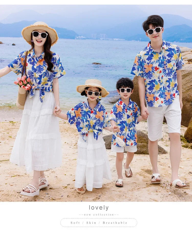 Vacation Family Matching Clothes Sets Mom Daughter Shirts Skirt Casual Dad Son Tops Shorts Resort Parent Child Two Piece Outfit