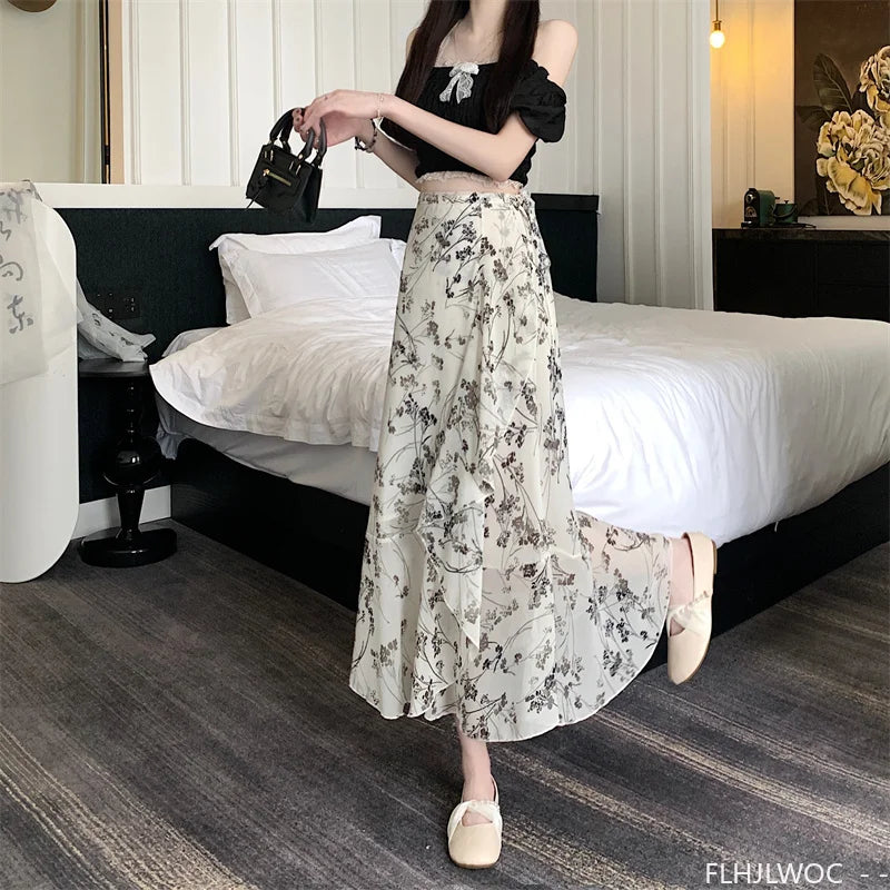Wrap Up Chic Korea Clothes Women Cute Girls Floral Robe Holiday Beach Date High Waist Retro Vintage One-Piece Lace-Up Skirts