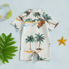 Toddler Boy Girl Rash Guard Swimsuit Coconut Tree Print Short Sleeve Mock Neck Zip Bathing Suit