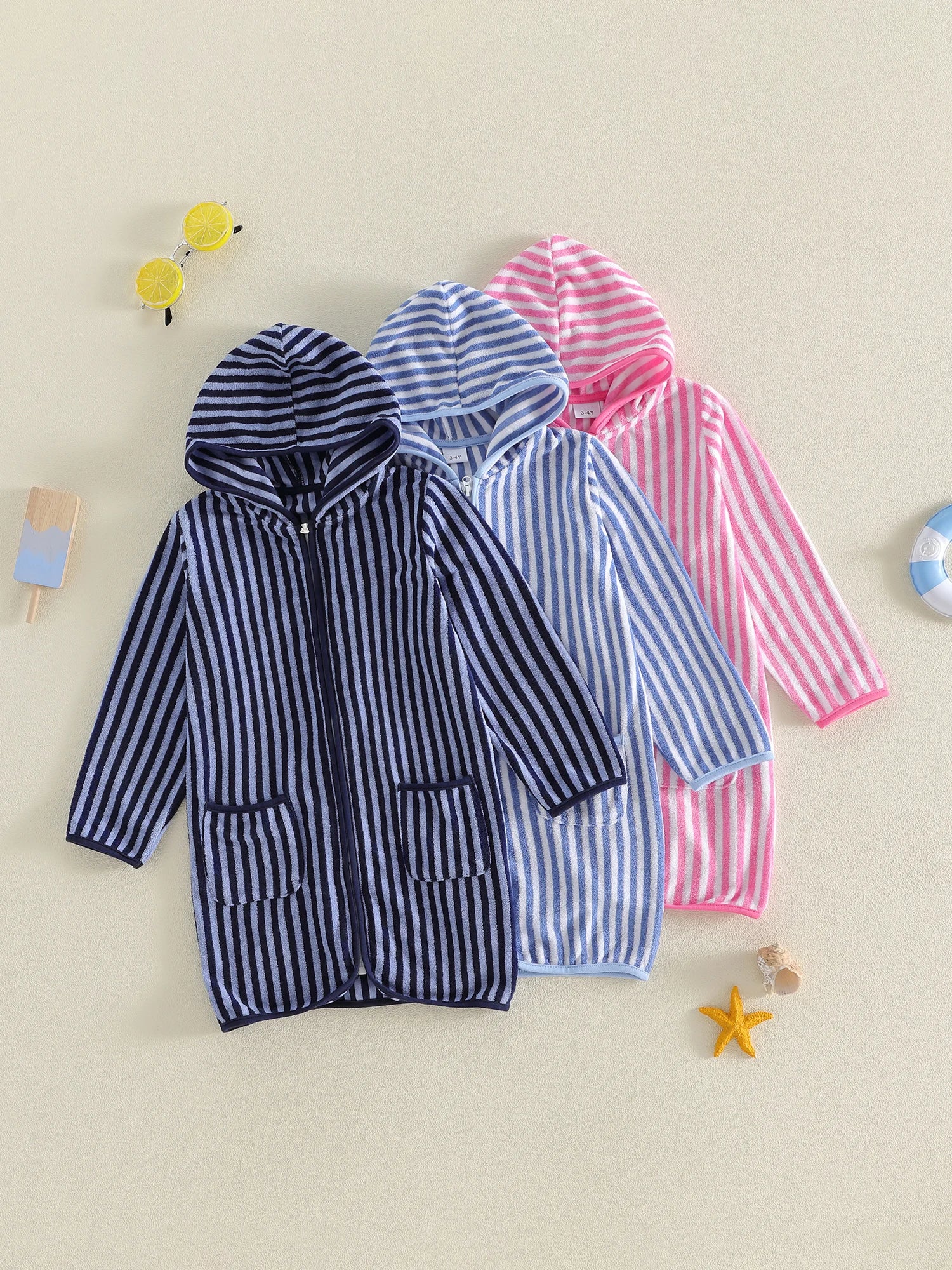 1-6Y Kids Bath Robes Towel Long Sleeve Front Zipper Striped Surf Poncho Swimming Outerwear for Boys Girls Beach Cover-ups